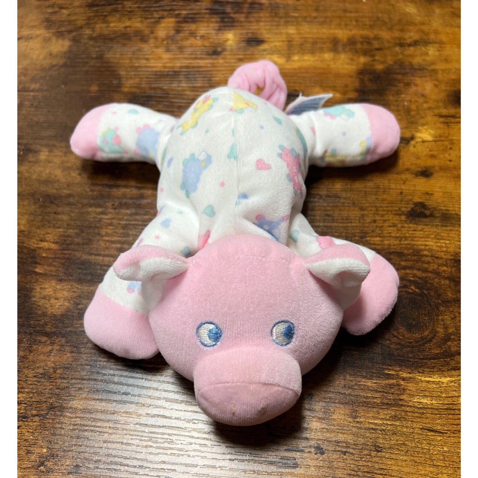 Vintage  Eden Pink Velour Pig Plush Laying 7" Stuffed Lovey Wearing Pjs