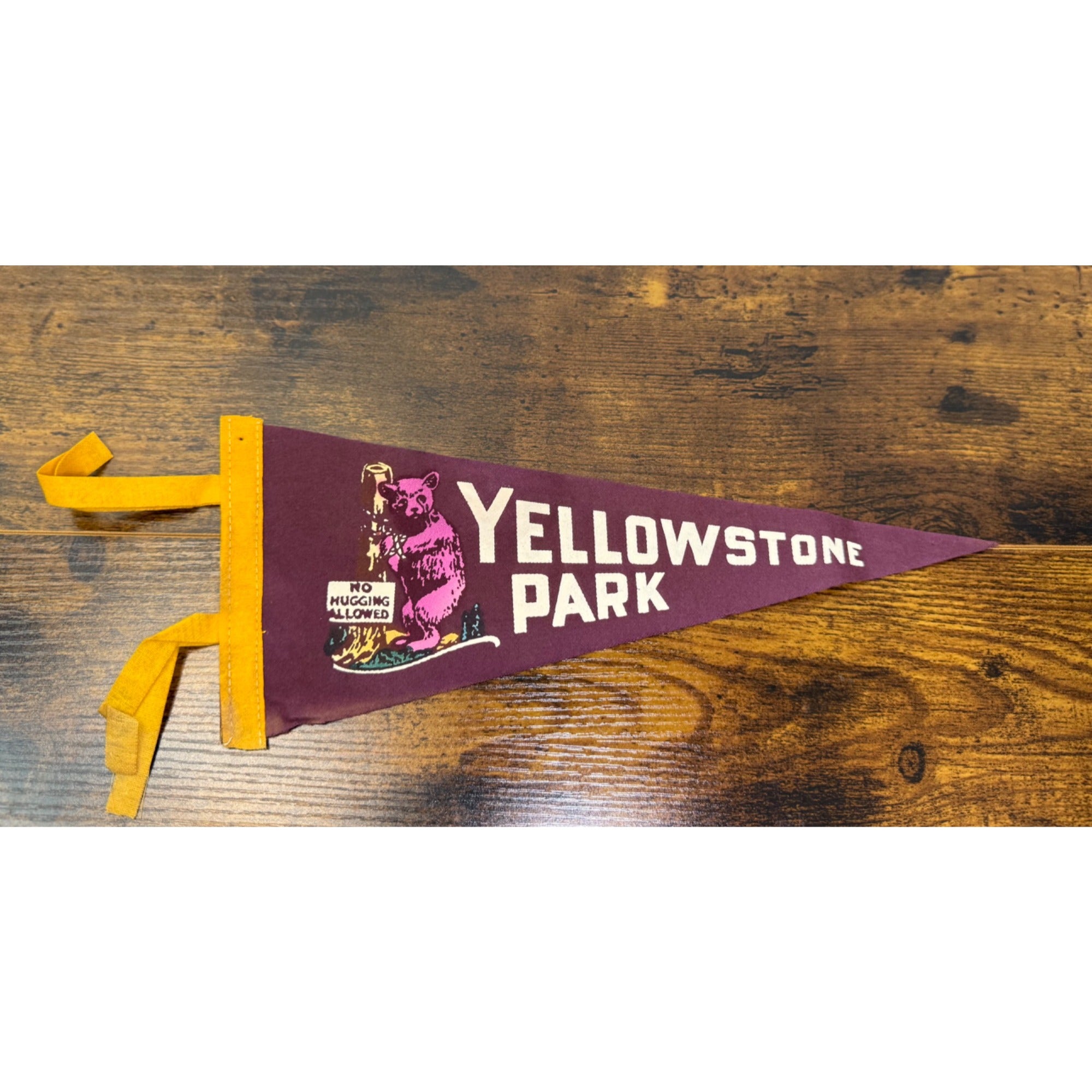 Vintage Yellowstone Park Pennant With Bear Graphic & "No Hugging Allowed"