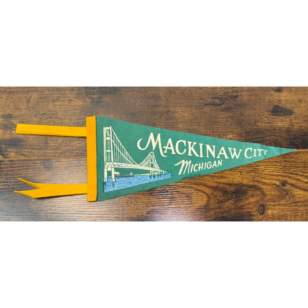 Vintage Mackinaw City Michigan Felt Pennant With Bridge Illustration