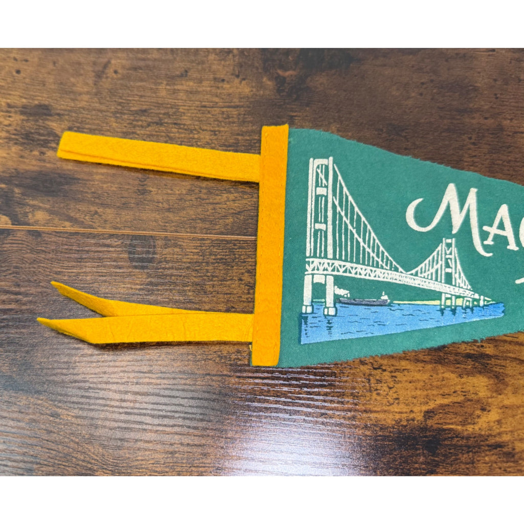 Vintage Mackinaw City Michigan Felt Pennant With Bridge Illustration