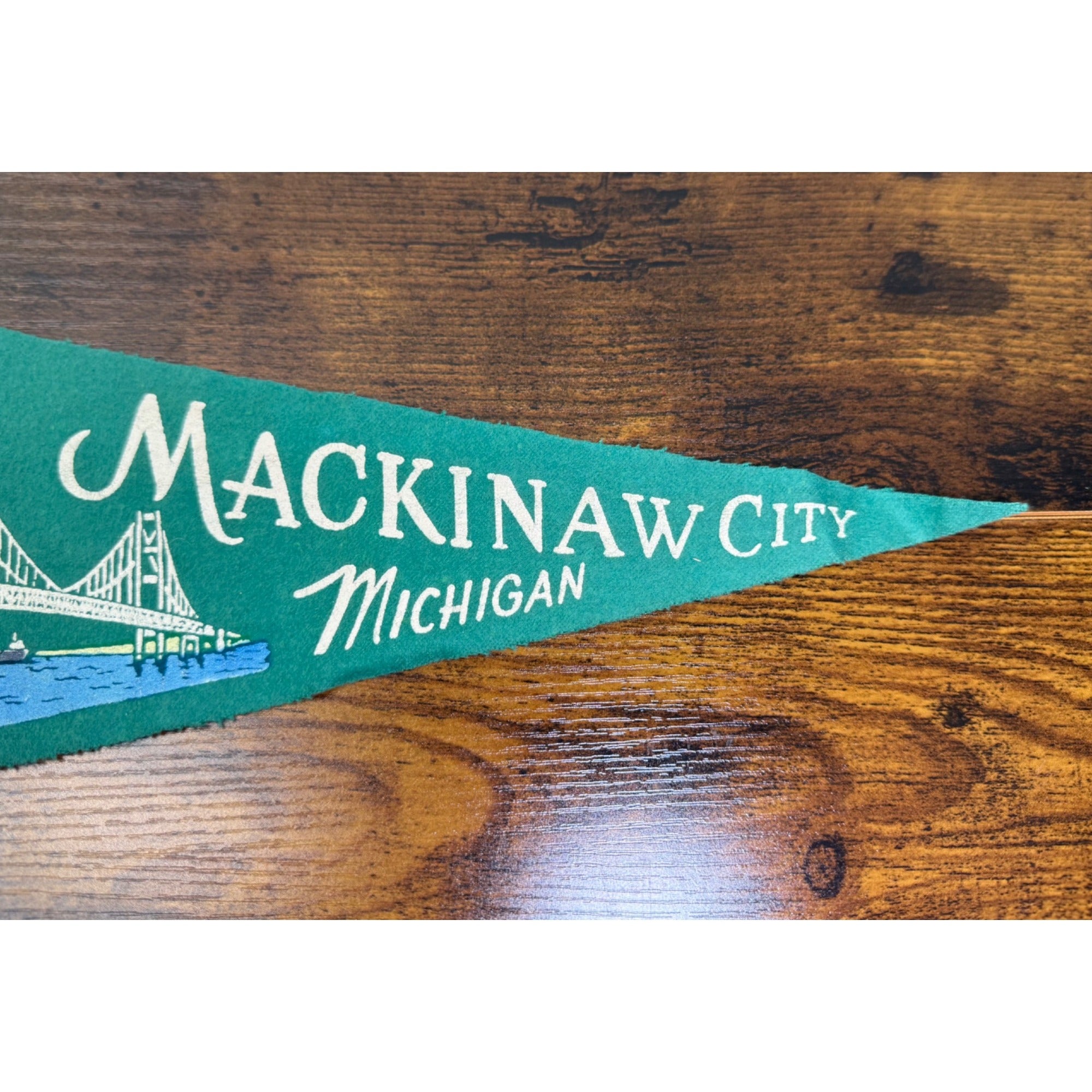 Vintage Mackinaw City Michigan Felt Pennant With Bridge Illustration