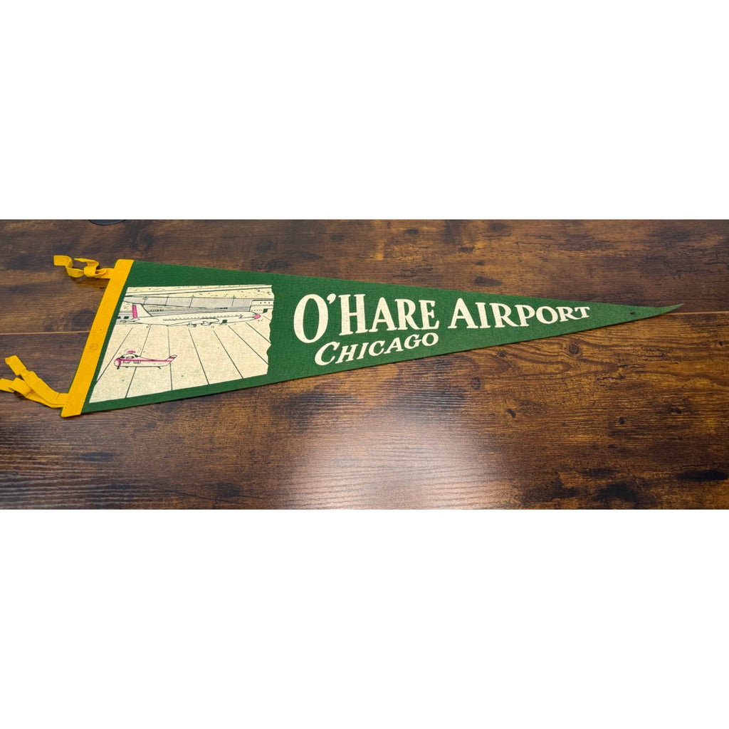 Vintage O’hare Airport Chicago Felt Pennant With Airplane Illustration