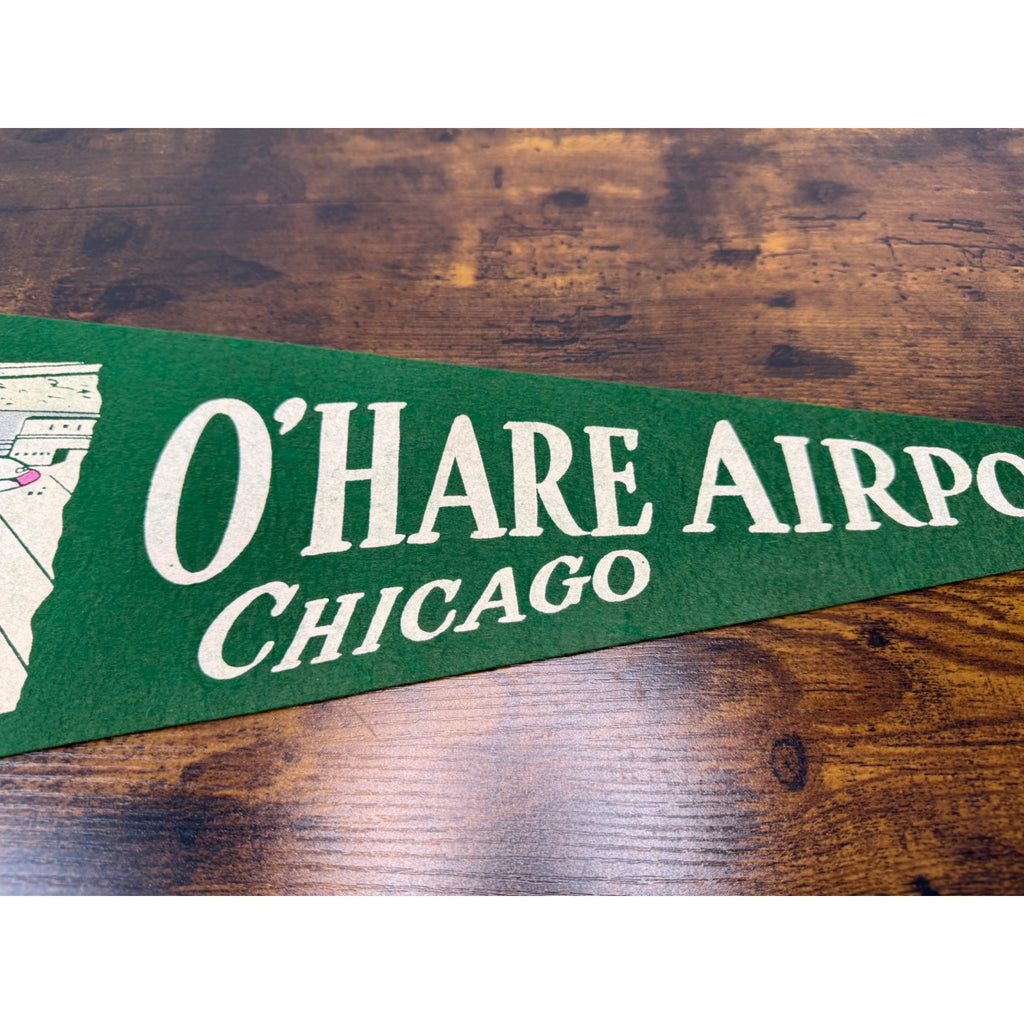 Vintage O’hare Airport Chicago Felt Pennant With Airplane Illustration