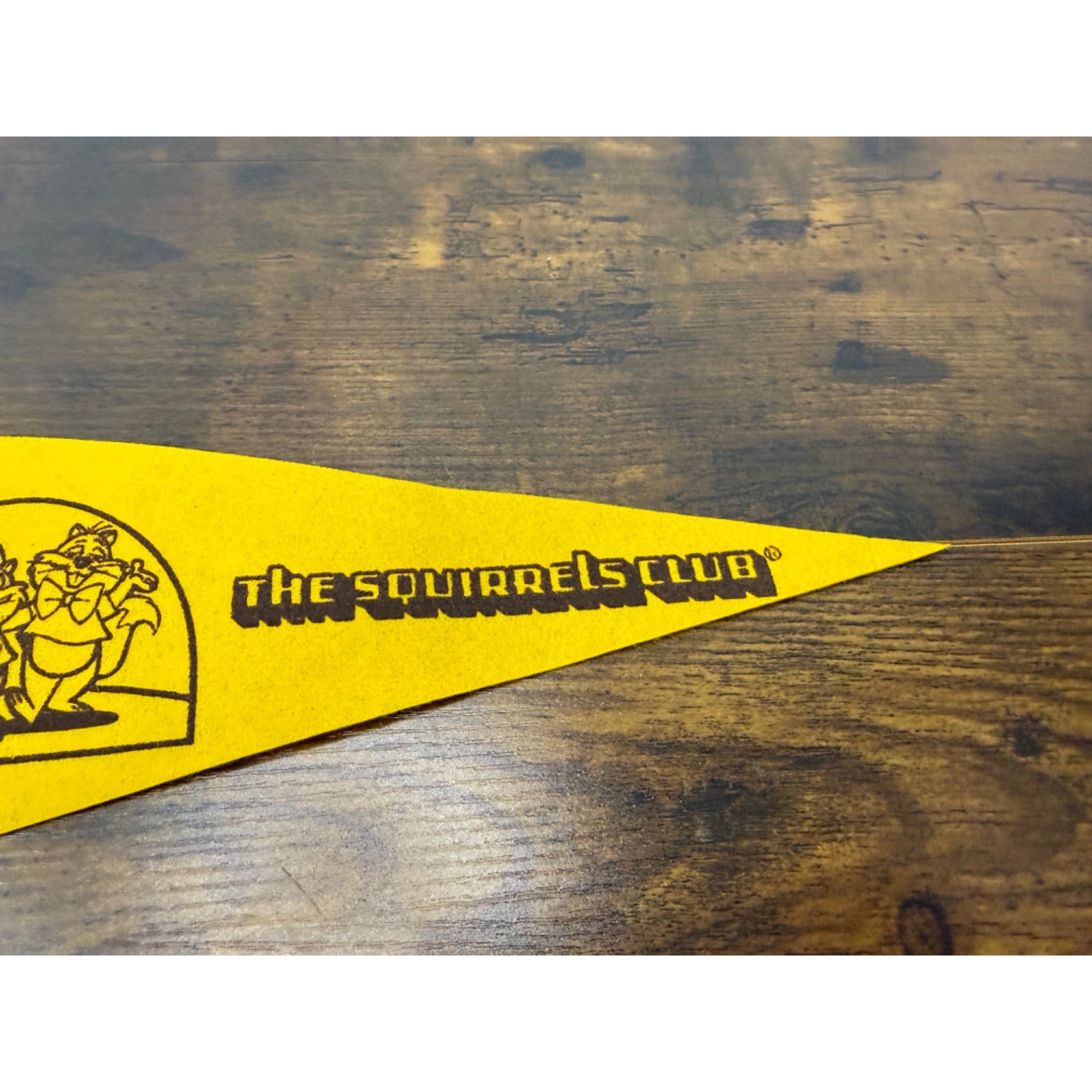 Vintage Felt Pennant With "The Squirrels Club" Cartoon Design In Yellow & Brown