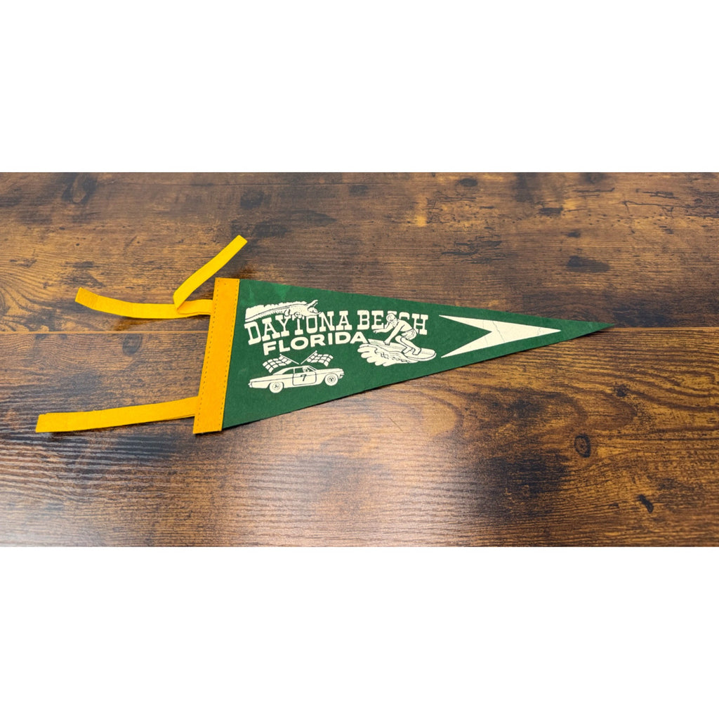 Vintage Daytona Beach Florida Souvenir Felt Pennant With Surfer & Race Car