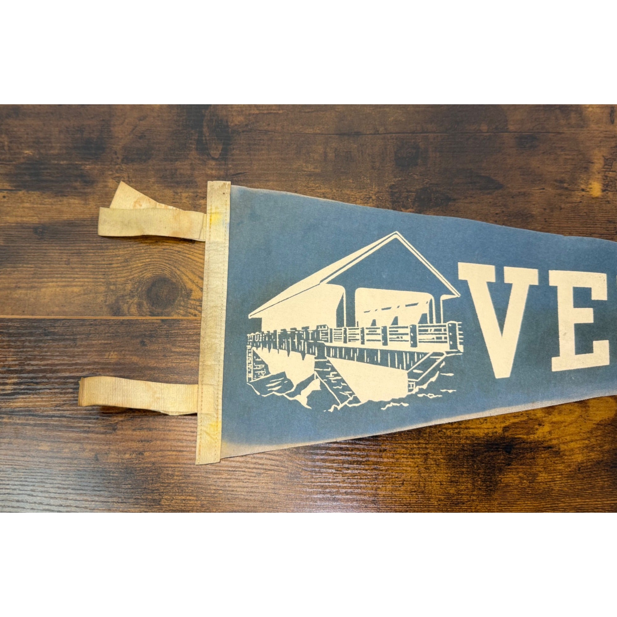 Vintage Vermont Felt Pennant With Covered Bridge Graphic