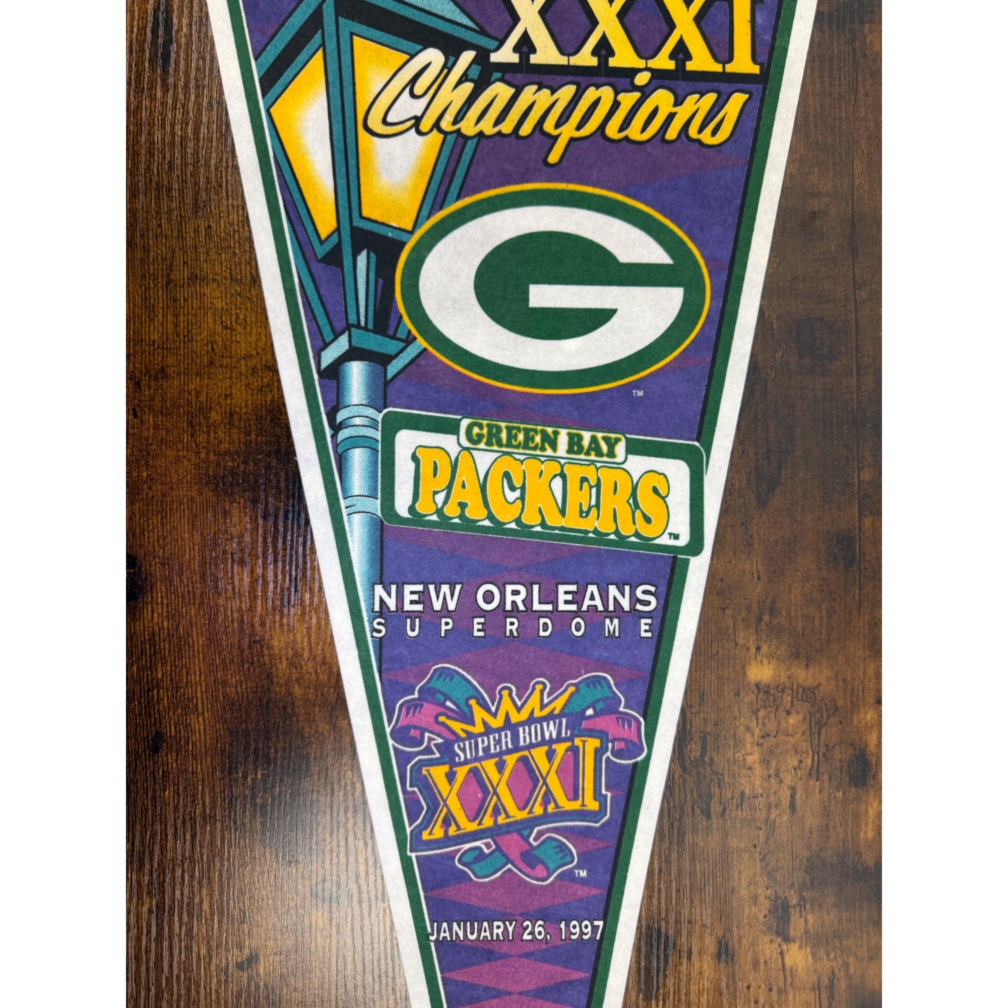 Super Bowl XXXI Green Bay Packers Champions Pennant 1997 New Orleans Superdome