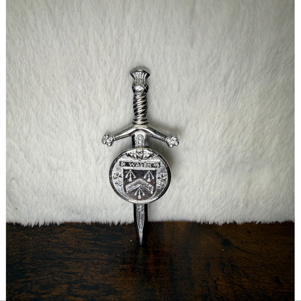 Miniature Sword-Shaped Walsh Family Crest pin With Shield Design - Silver-Tone Metal
