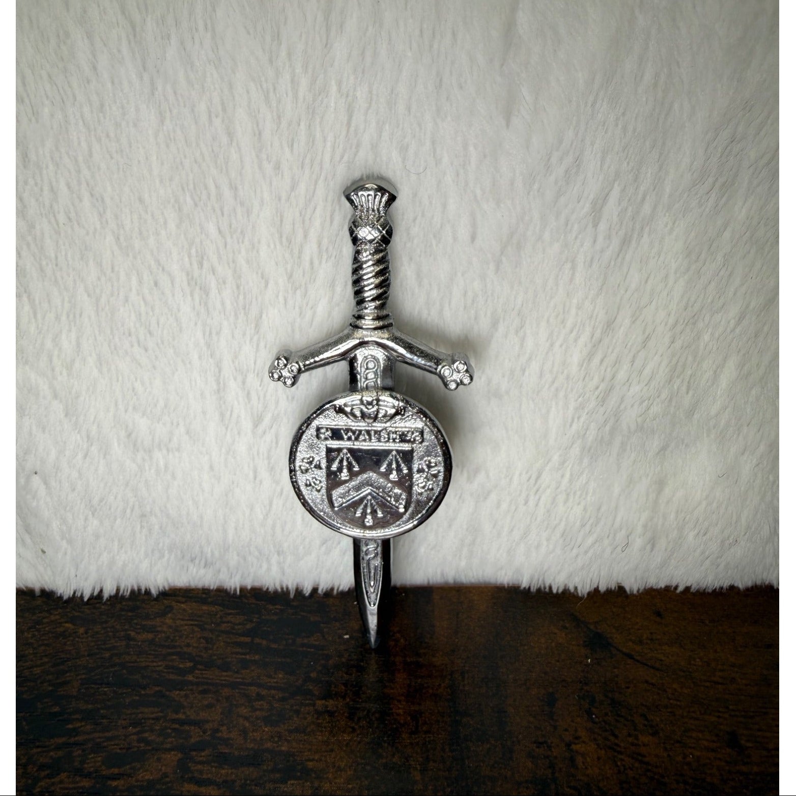 Miniature Sword-Shaped Walsh Family Crest pin With Shield Design - Silver-Tone Metal