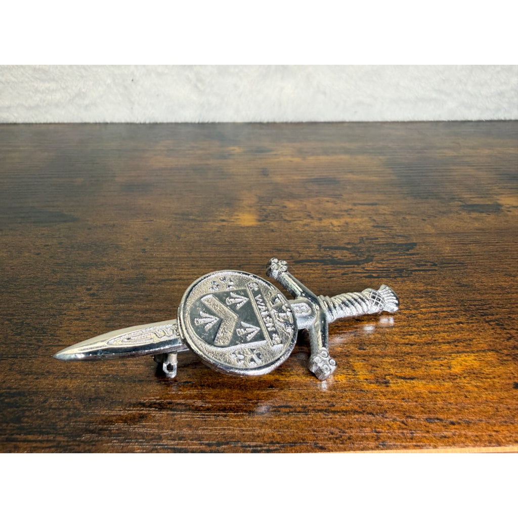 Miniature Sword-Shaped Walsh Family Crest pin With Shield Design - Silver-Tone Metal
