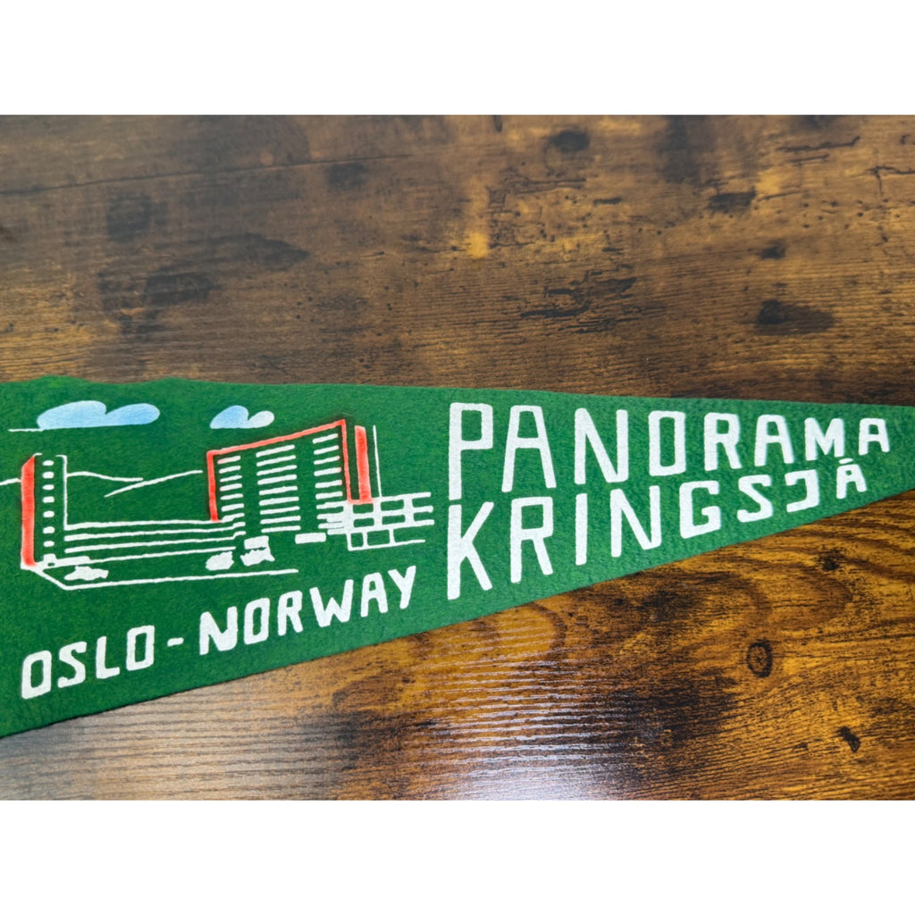 Vintage Oslo Norway Felt Pennant With Panorama Kringsjå Design Green & Yellow