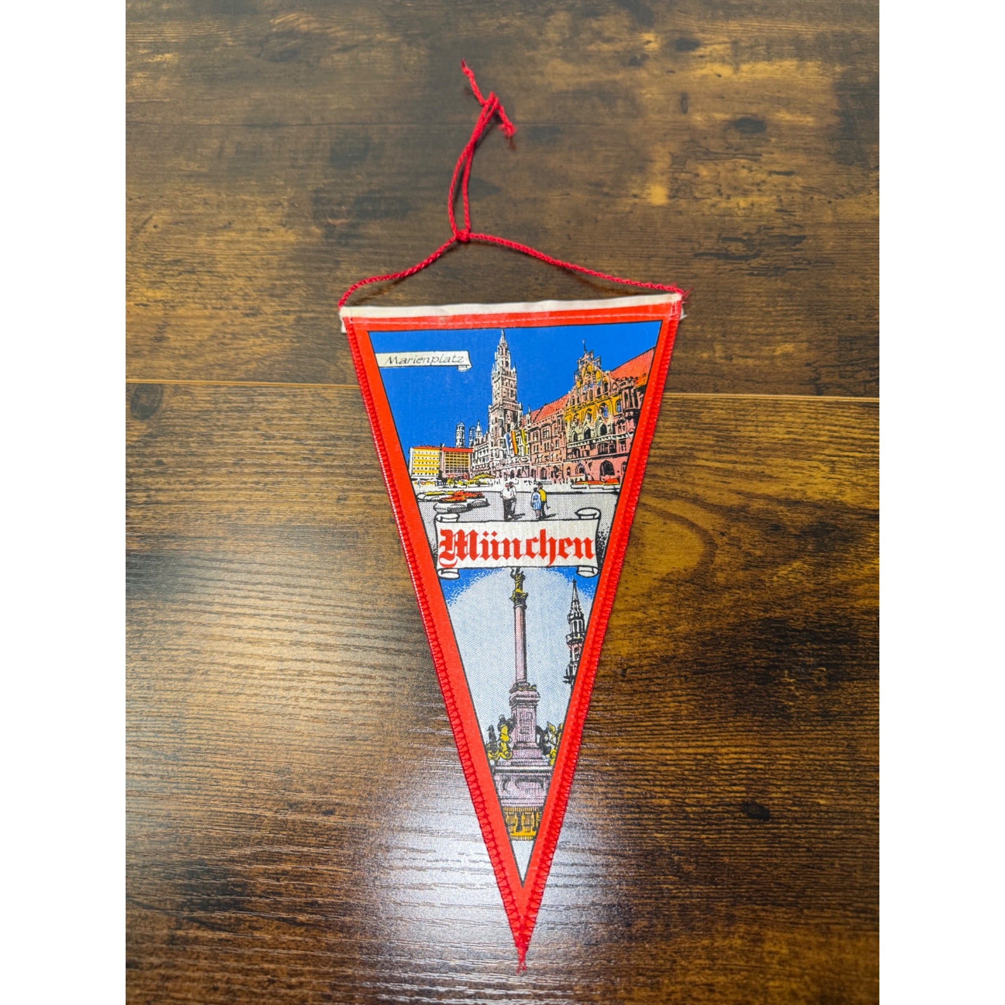 Vintage Munich Marienplatz Souvenir Pennant With Red Trim & Hanging Cord