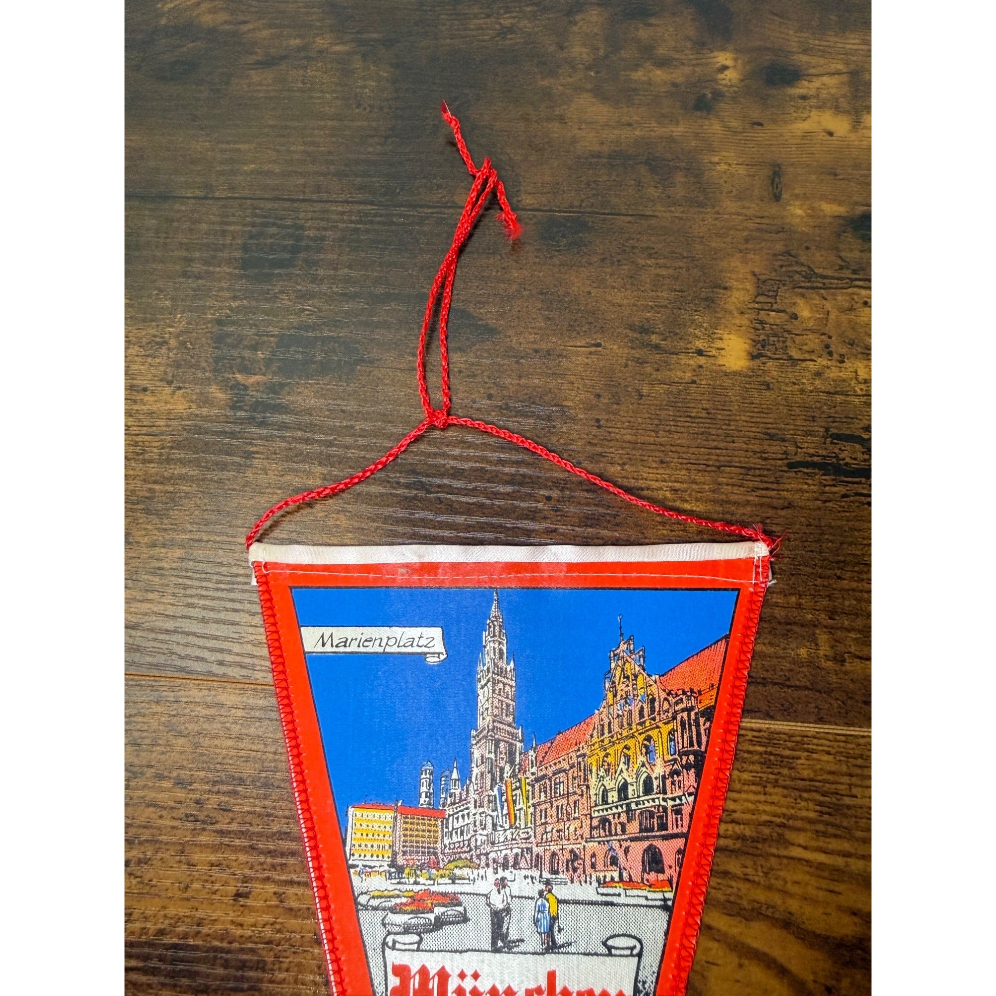 Vintage Munich Marienplatz Souvenir Pennant With Red Trim & Hanging Cord