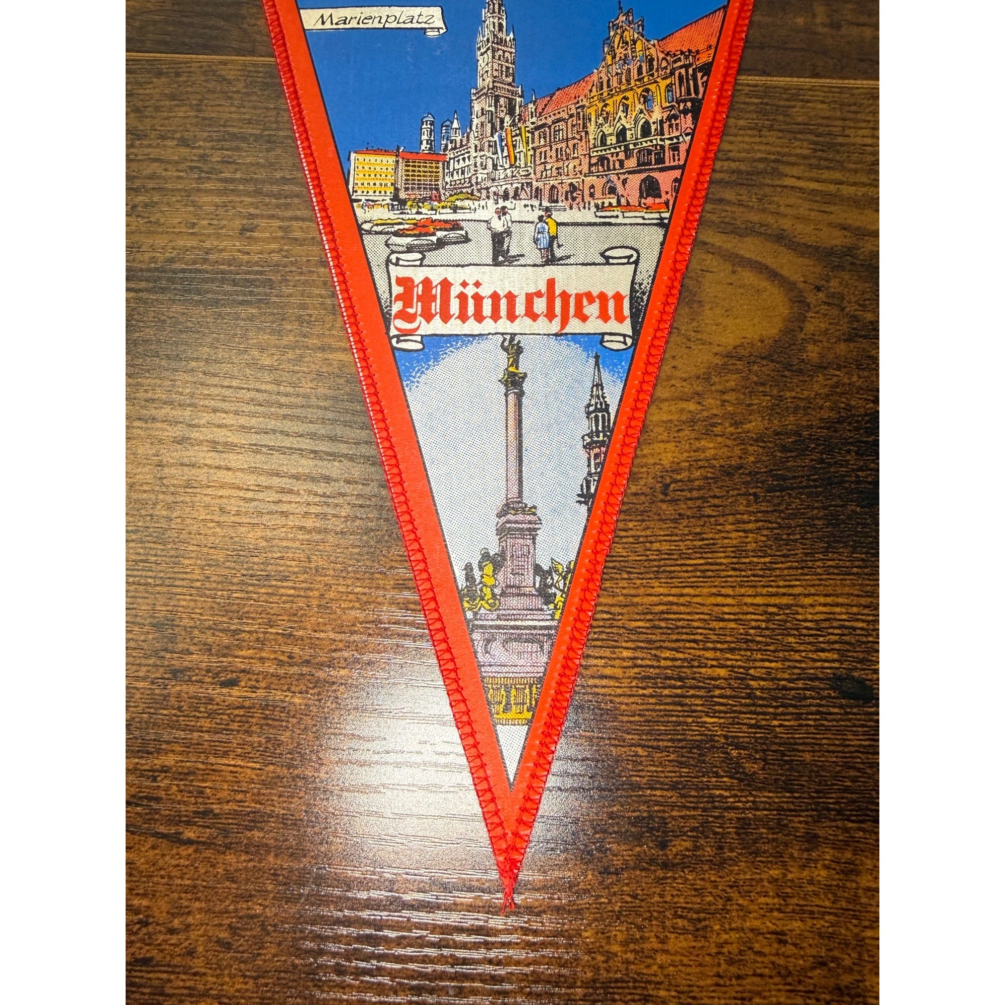 Vintage Munich Marienplatz Souvenir Pennant With Red Trim & Hanging Cord