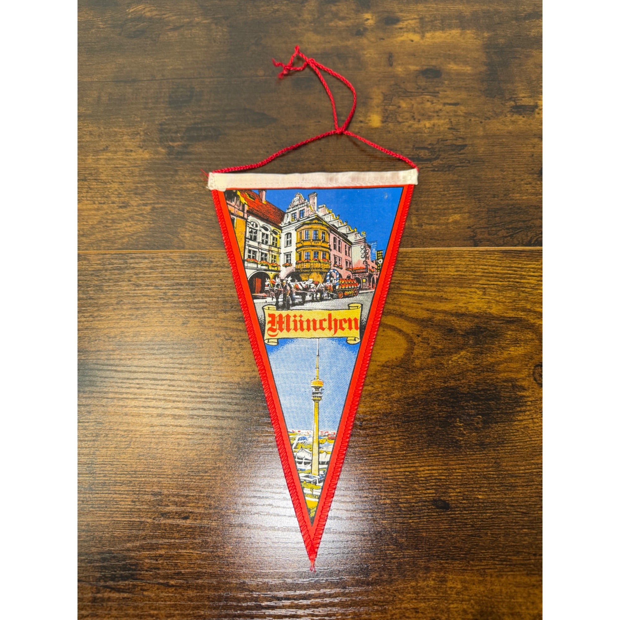 Vintage Munich Marienplatz Souvenir Pennant With Red Trim & Hanging Cord