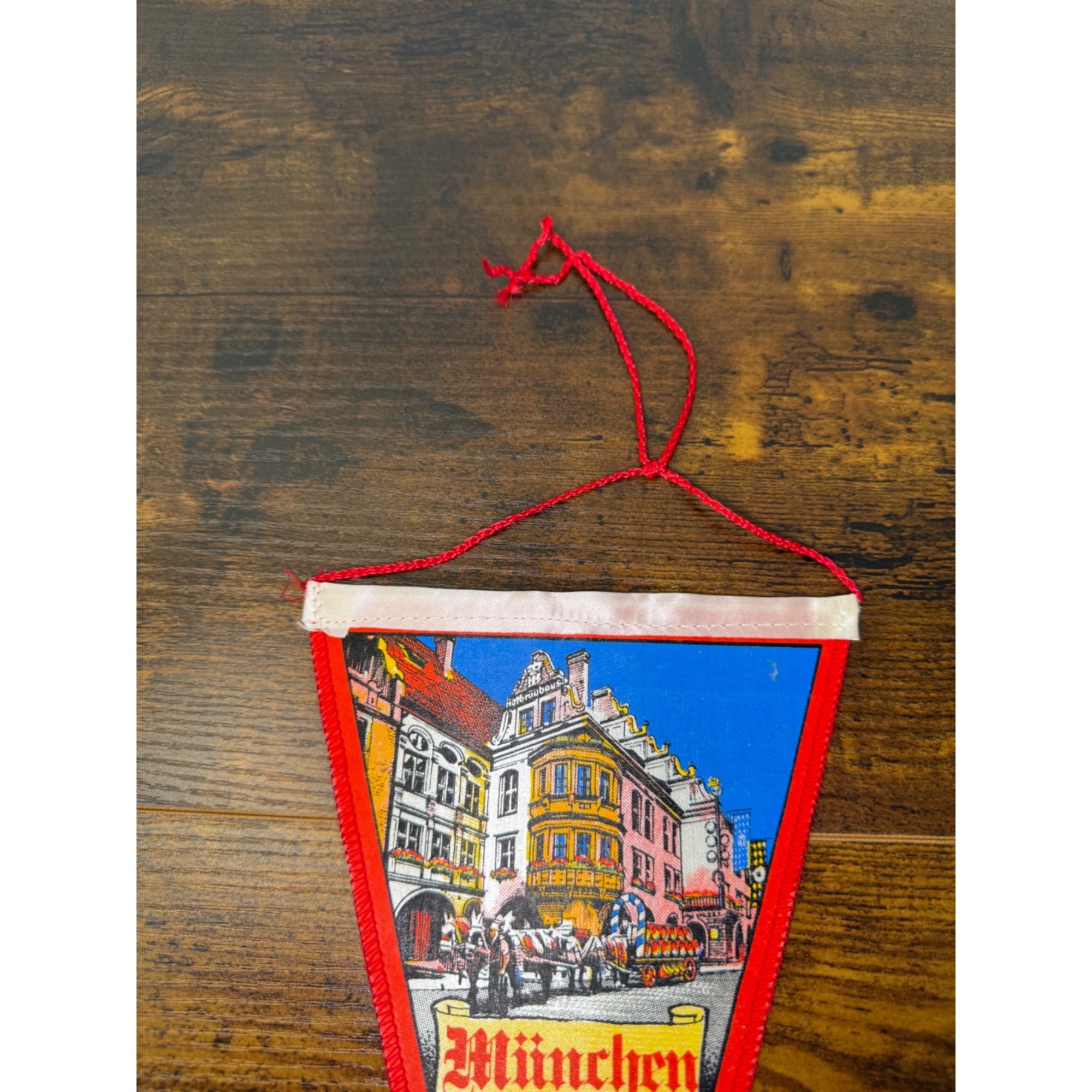 Vintage Munich Marienplatz Souvenir Pennant With Red Trim & Hanging Cord