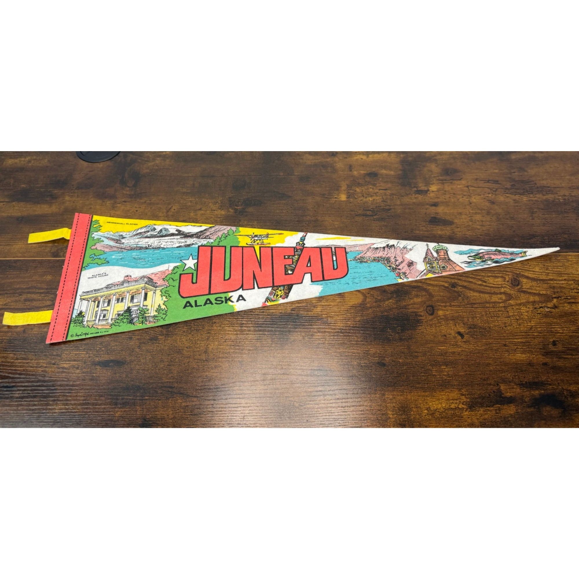 Vintage 1976 Juneau Alaska Souvenir Pennant With Illustrations & Landmarks