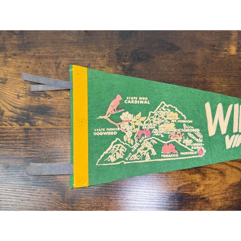 Vintage Williamsburg Virginia Felt Souvenir Pennant With State Map Graphics