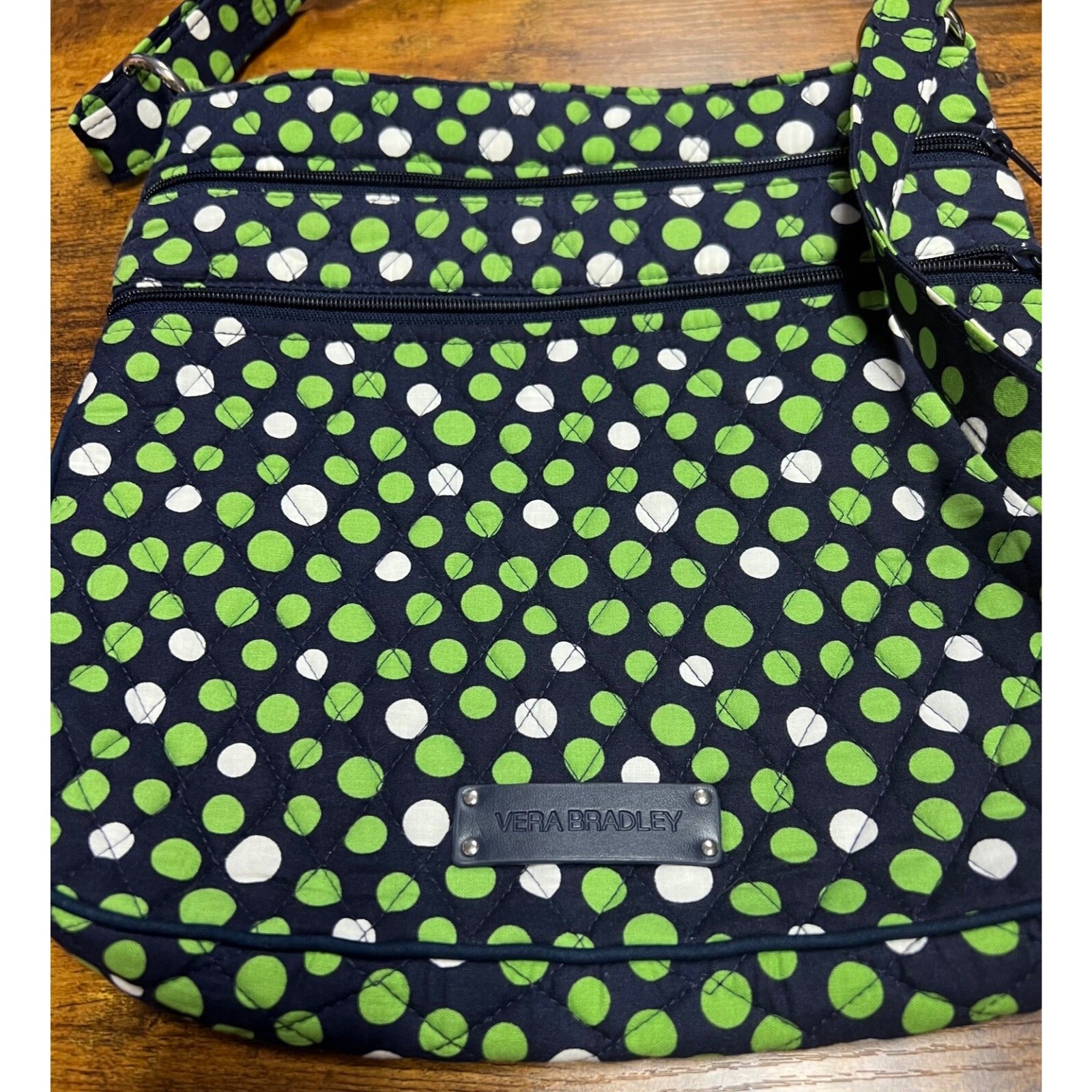 Vera Bradley crossbody bag navy blue with green and white polka-dots