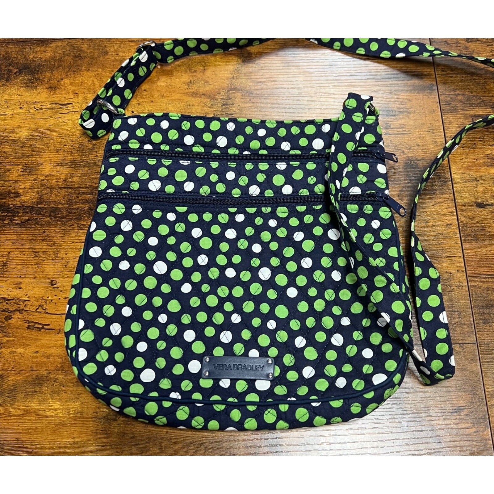 Vera Bradley crossbody bag navy blue with green and white polka-dots