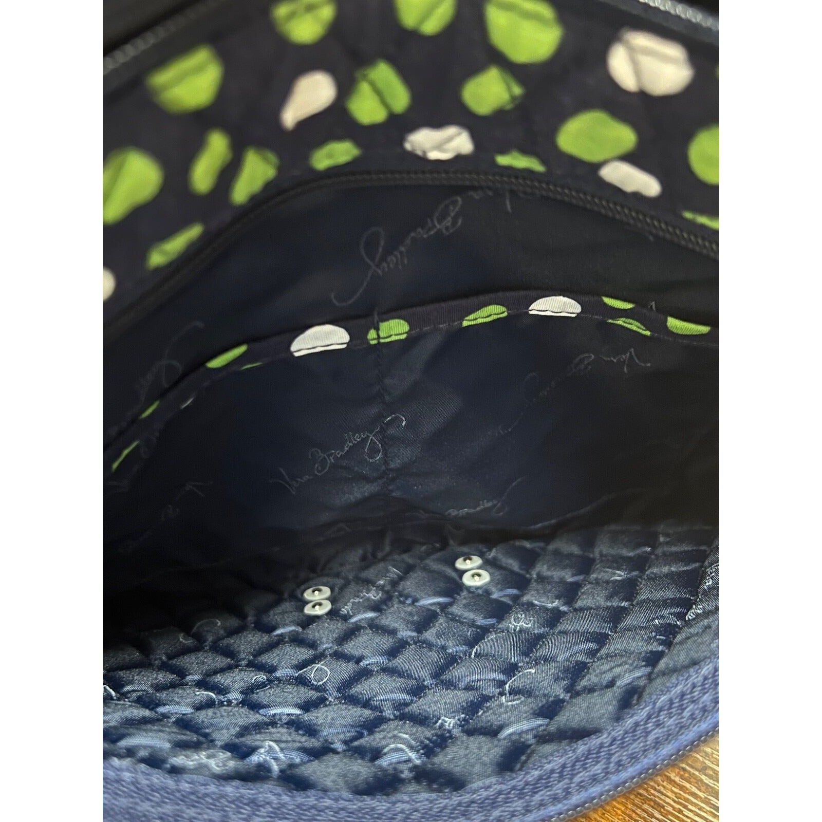 Vera Bradley crossbody bag navy blue with green and white polka-dots
