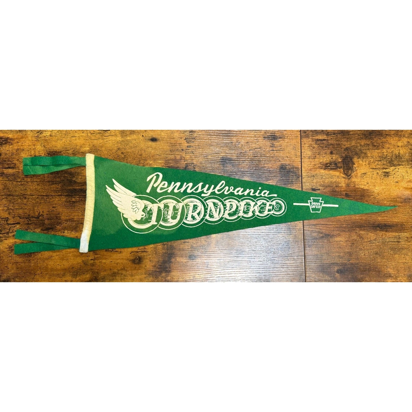 Vintage Pennsylvania Turnpike Pennant green Felt With Drive Safely Graphic 26"