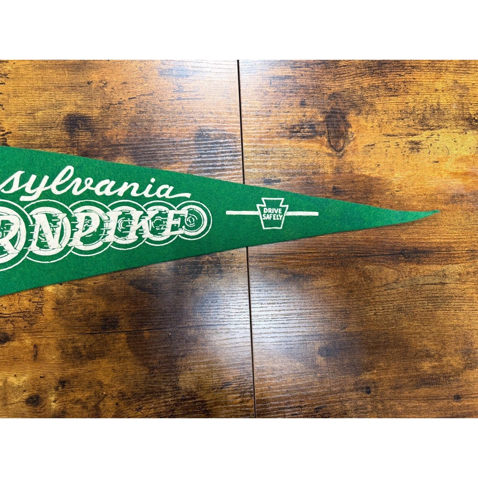 Vintage Pennsylvania Turnpike Pennant green Felt With Drive Safely Graphic 26"