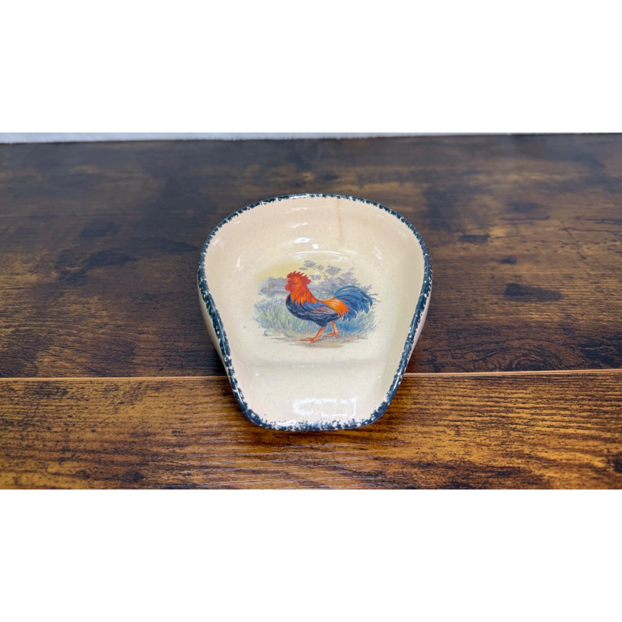 Vintage Hand-Painted Ceramic Rooster Spoon Rest With Distressed Blue Trim