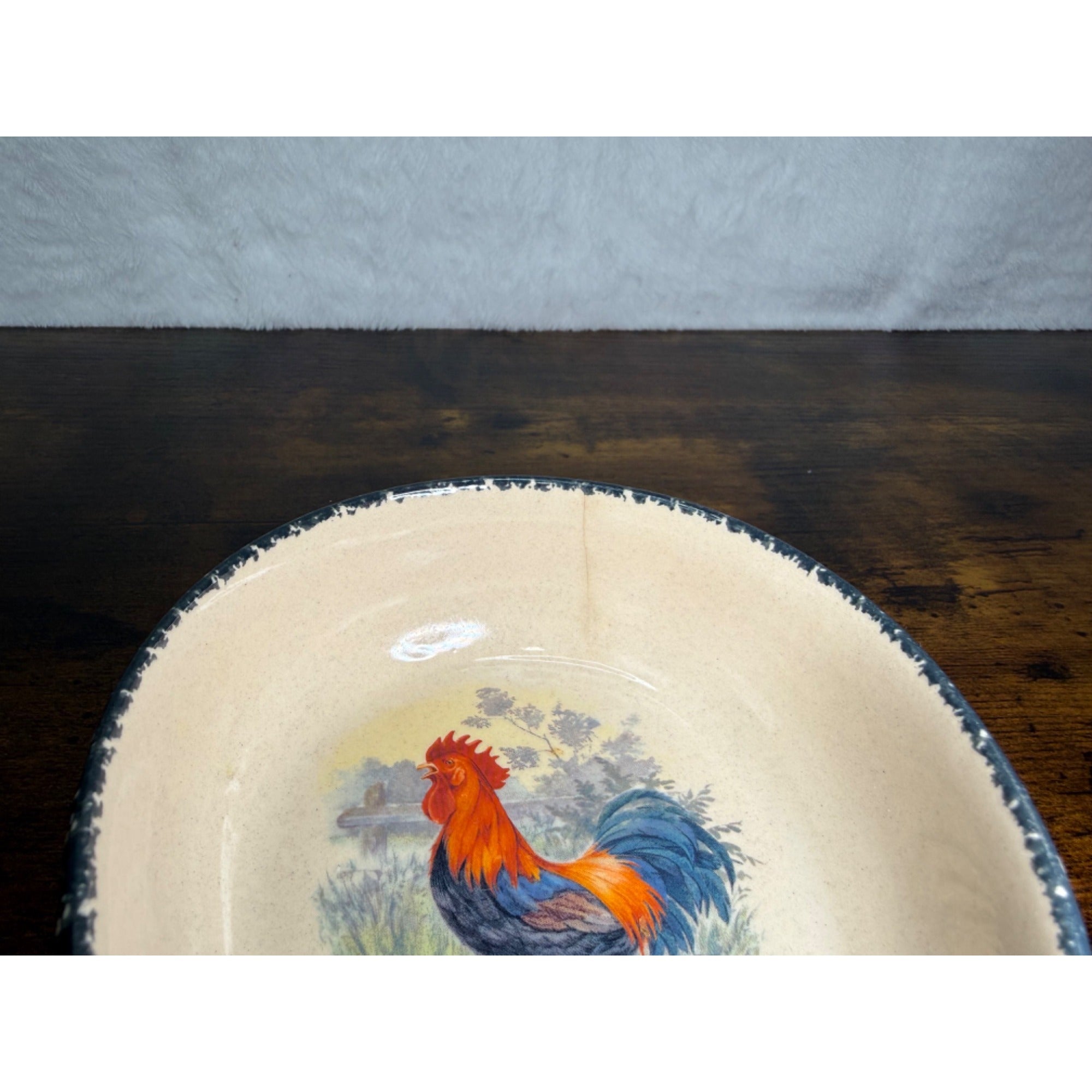 Vintage Hand-Painted Ceramic Rooster Spoon Rest With Distressed Blue Trim