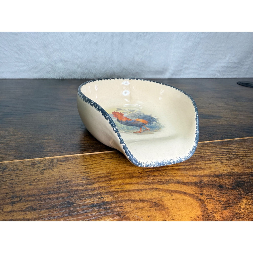 Vintage Hand-Painted Ceramic Rooster Spoon Rest With Distressed Blue Trim