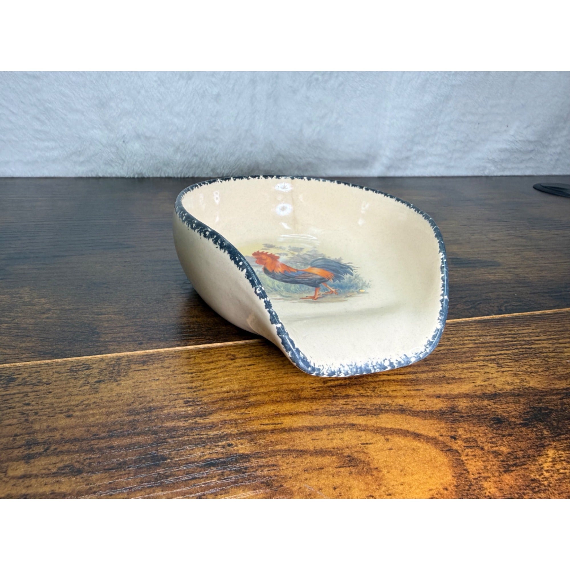 Vintage Hand-Painted Ceramic Rooster Spoon Rest With Distressed Blue Trim