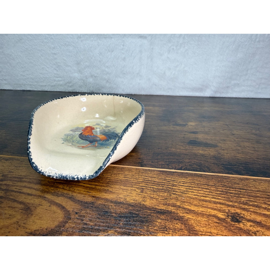 Vintage Hand-Painted Ceramic Rooster Spoon Rest With Distressed Blue Trim