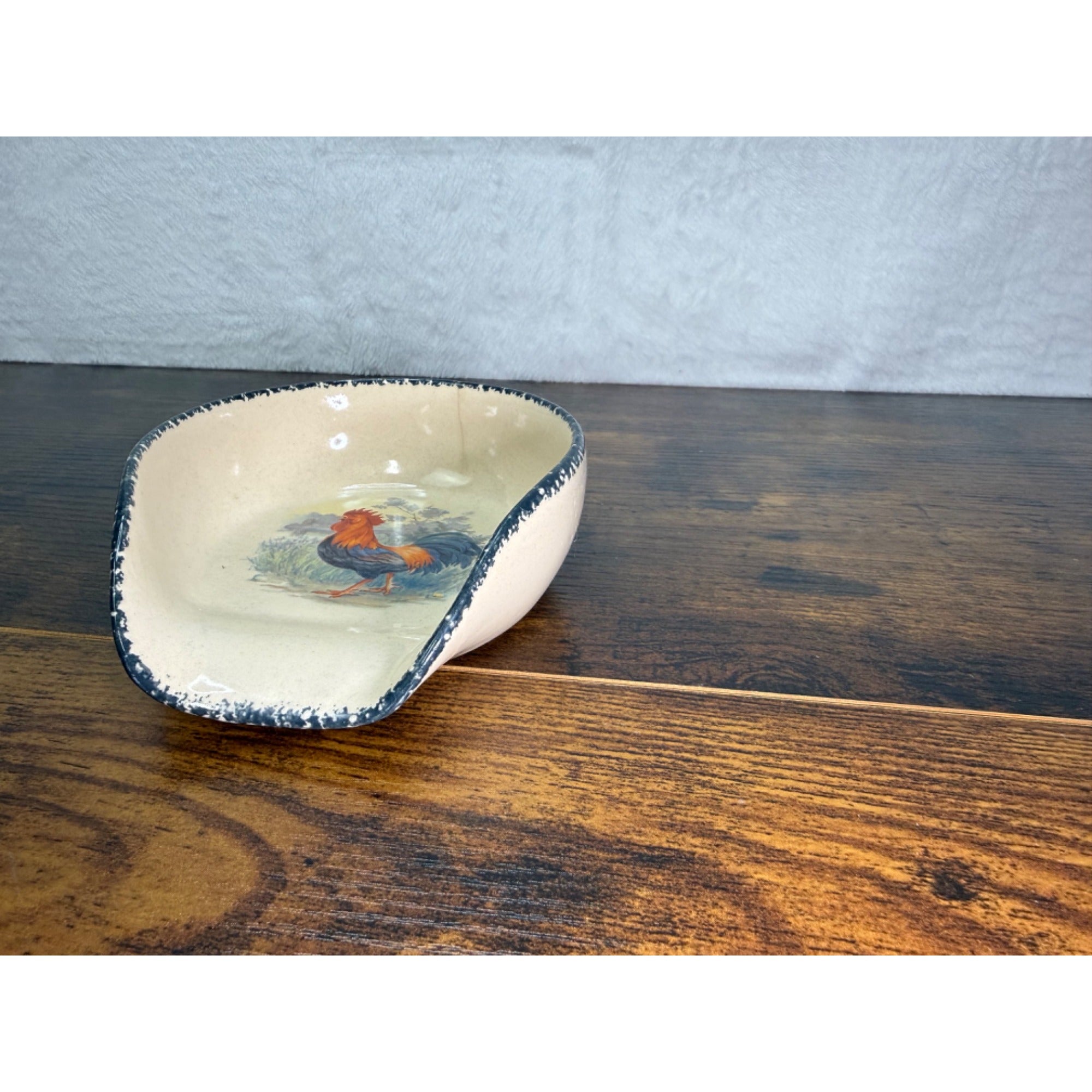 Vintage Hand-Painted Ceramic Rooster Spoon Rest With Distressed Blue Trim