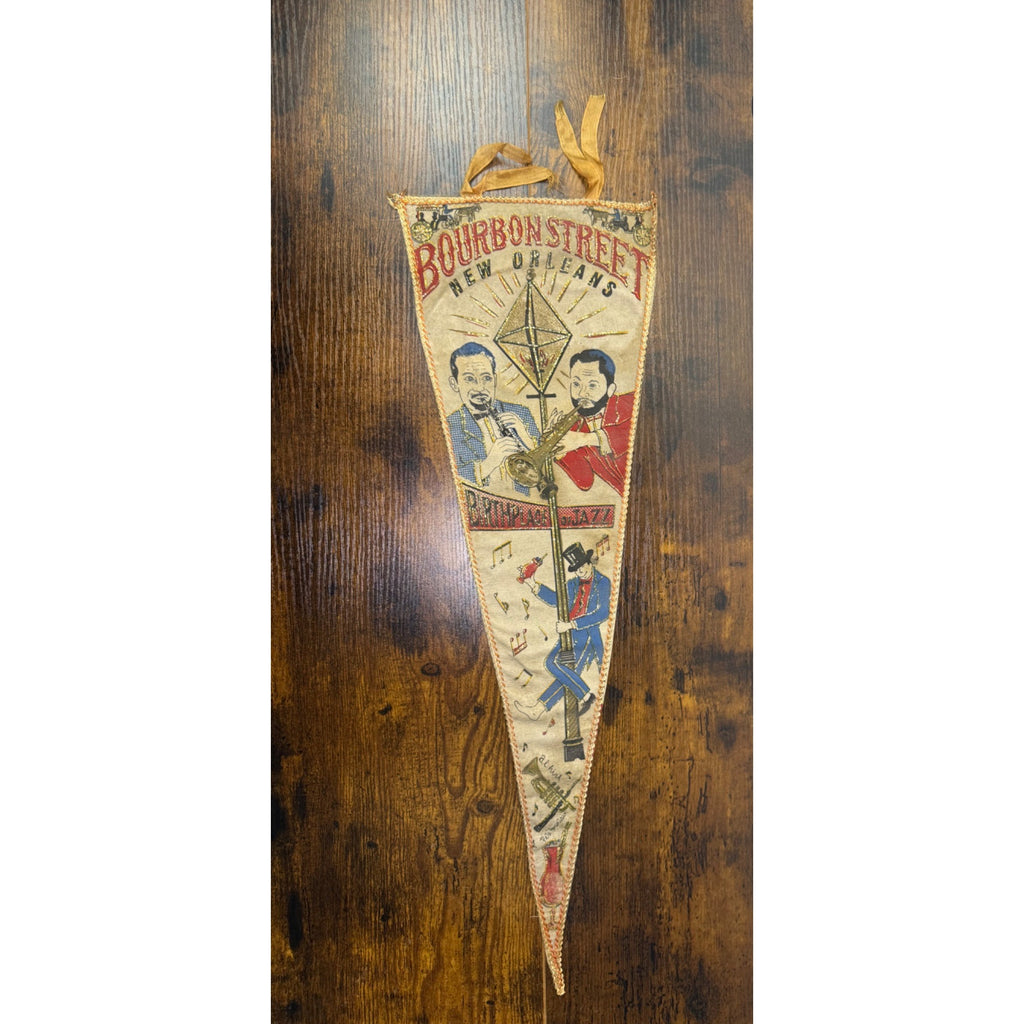 Vintage Bourbon Street New Orleans Jazz Pennant Flag With Musicians & Lantern