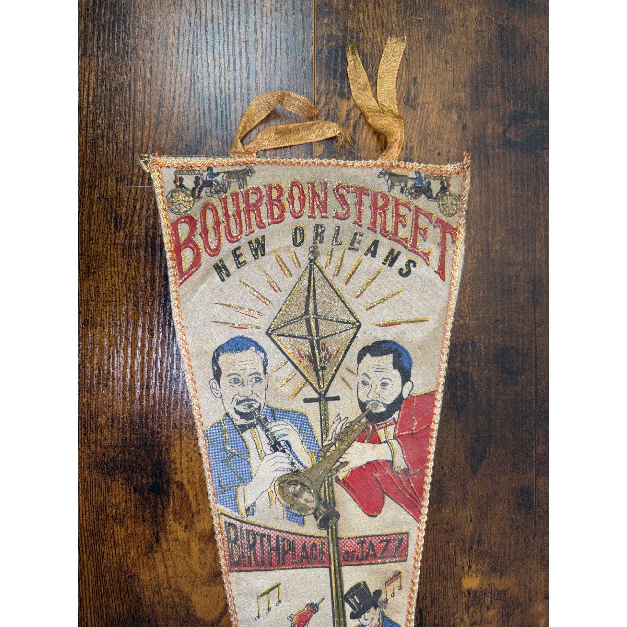 Vintage Bourbon Street New Orleans Jazz Pennant Flag With Musicians & Lantern
