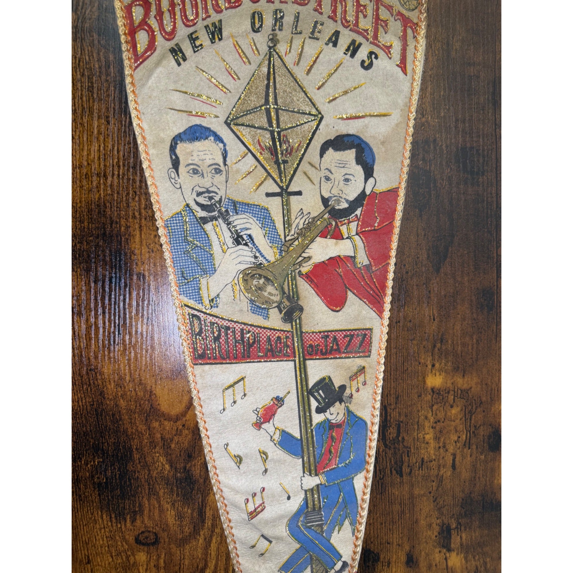 Vintage Bourbon Street New Orleans Jazz Pennant Flag With Musicians & Lantern