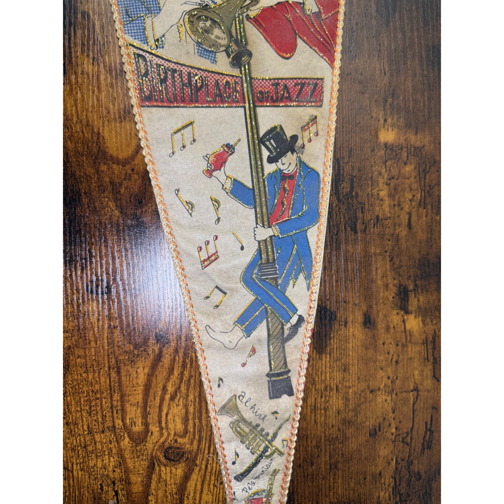 Vintage Bourbon Street New Orleans Jazz Pennant Flag With Musicians & Lantern