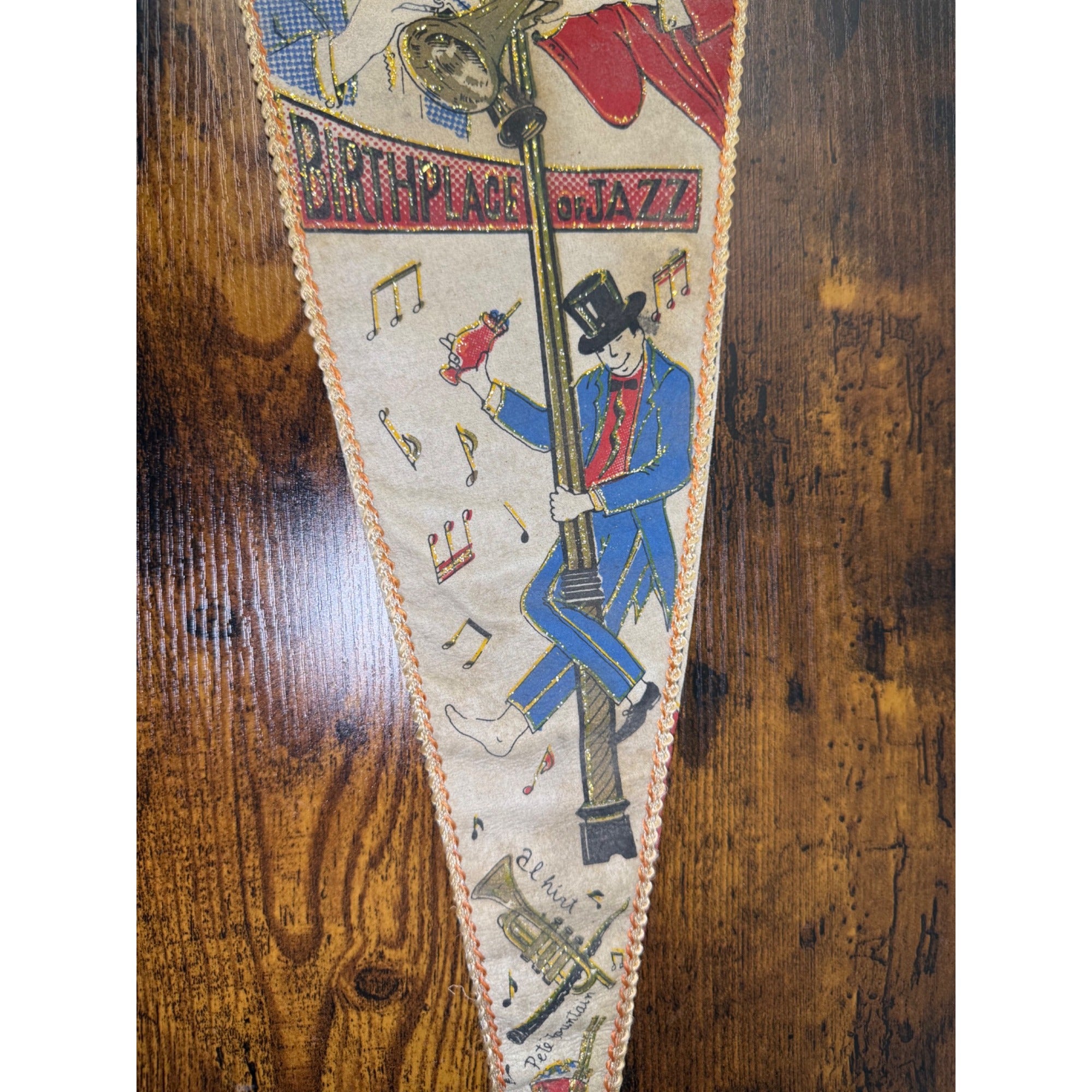 Vintage Bourbon Street New Orleans Jazz Pennant Flag With Musicians & Lantern