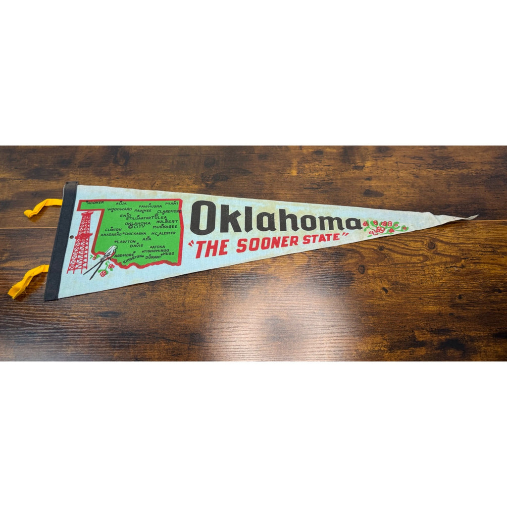Vintage Oklahoma "The Sooner State" Felt Pennant With Map & State Symbols