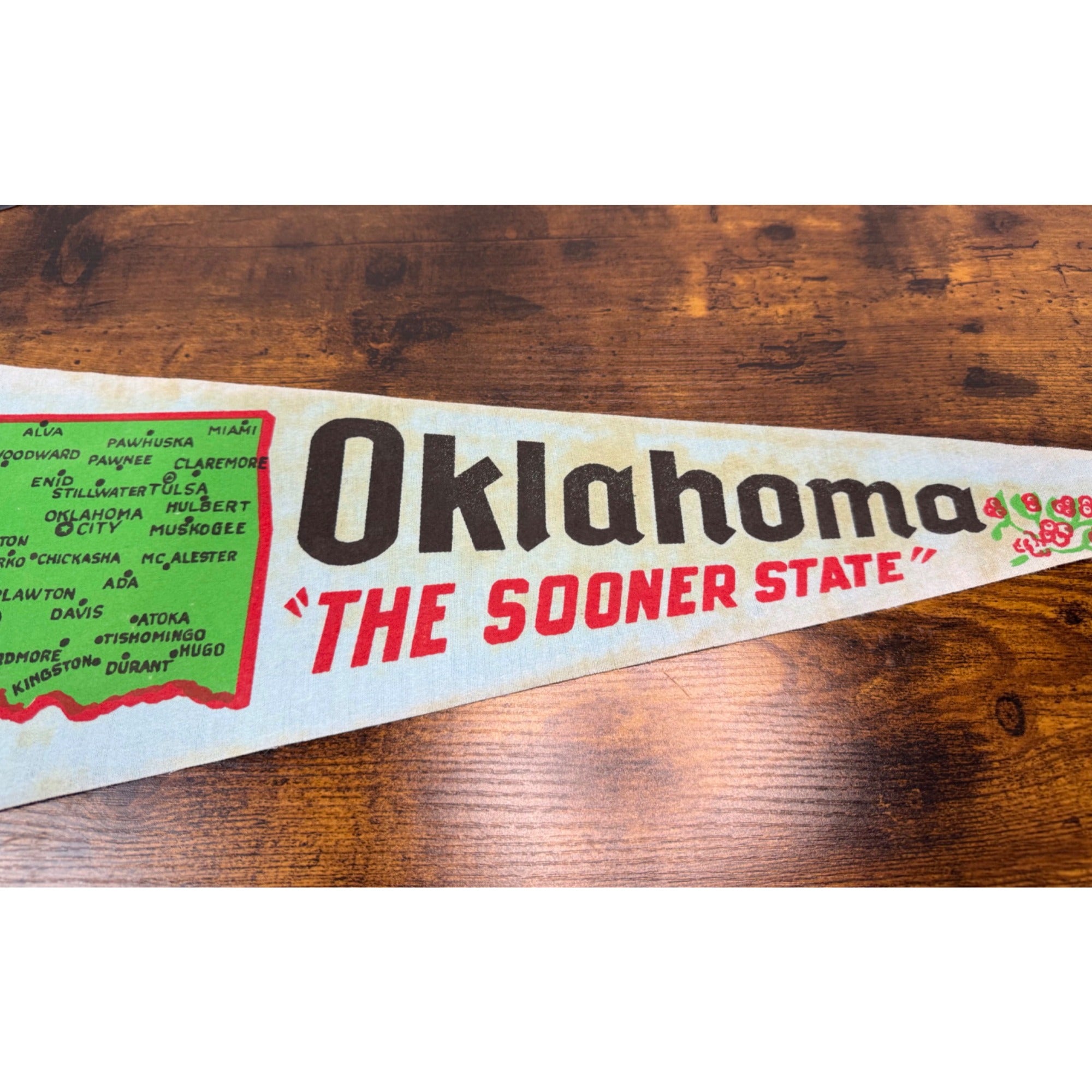 Vintage Oklahoma "The Sooner State" Felt Pennant With Map & State Symbols