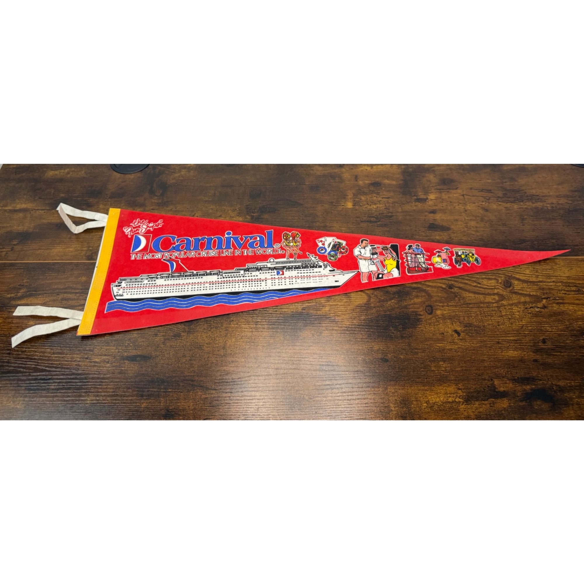 Carnival Cruise Line Vintage Souvenir Felt Pennant With Ship Graphics & Tie