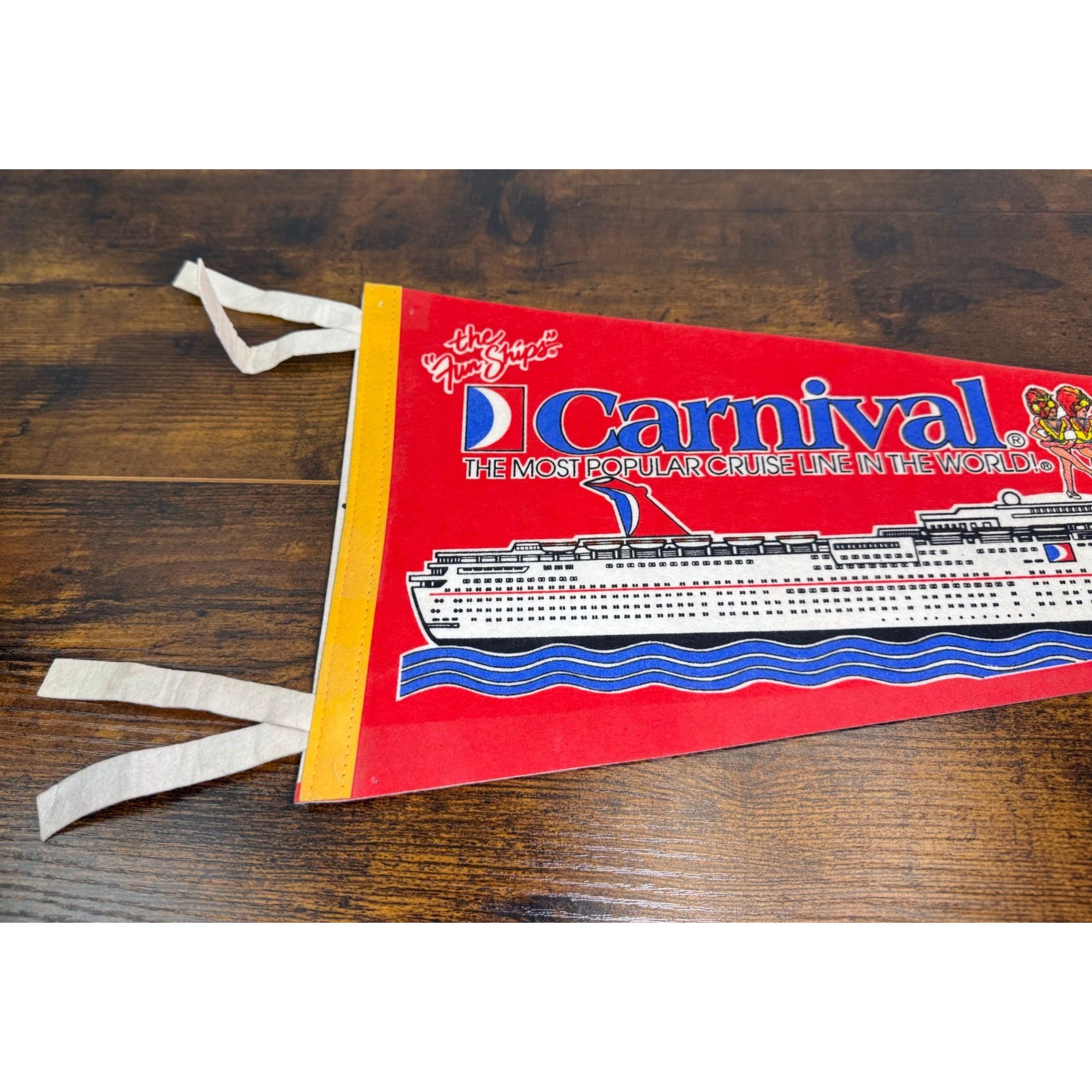 Carnival Cruise Line Vintage Souvenir Felt Pennant With Ship Graphics & Tie