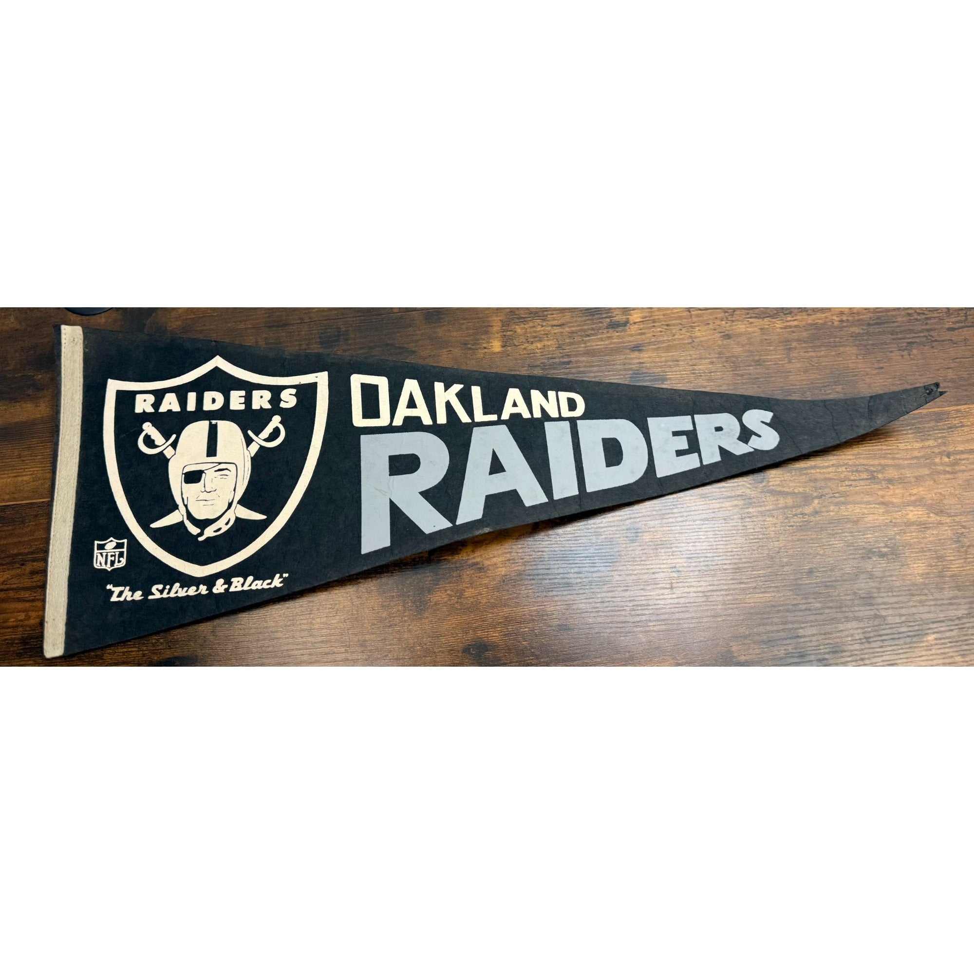 Vintage Oakland Raiders NFL Pennant With Logo & "The Silver & Black" Damaged