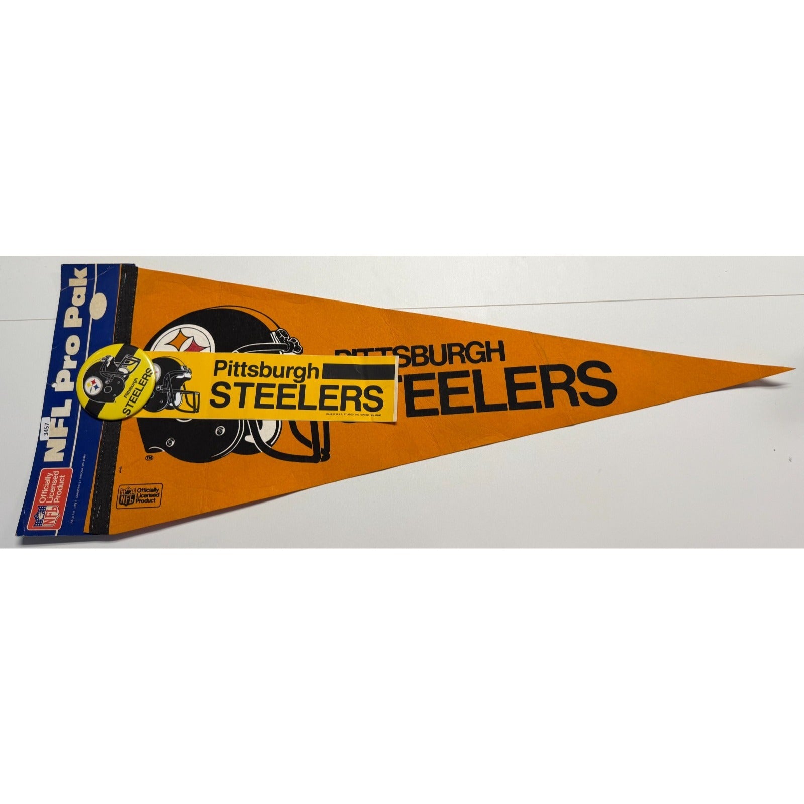 Vintage NFL Pro Pak Pittsburgh Steelers pennant, pin, and bumper sticker RARE