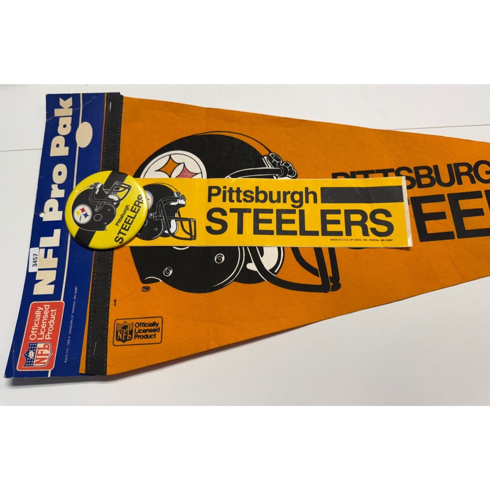 Vintage NFL Pro Pak Pittsburgh Steelers pennant, pin, and bumper sticker RARE