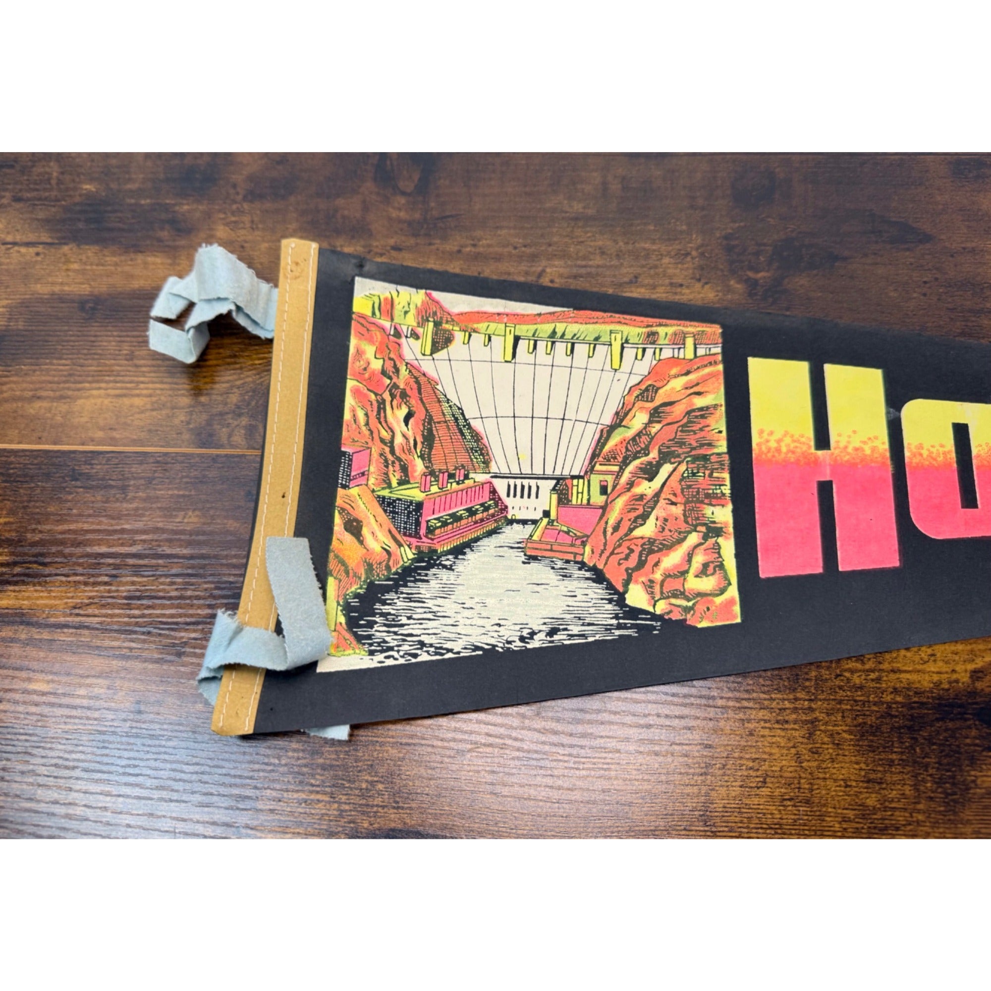 Vintage Hoover Dam Souvenir Felt Pennant With Colorful Graphic Design damaged