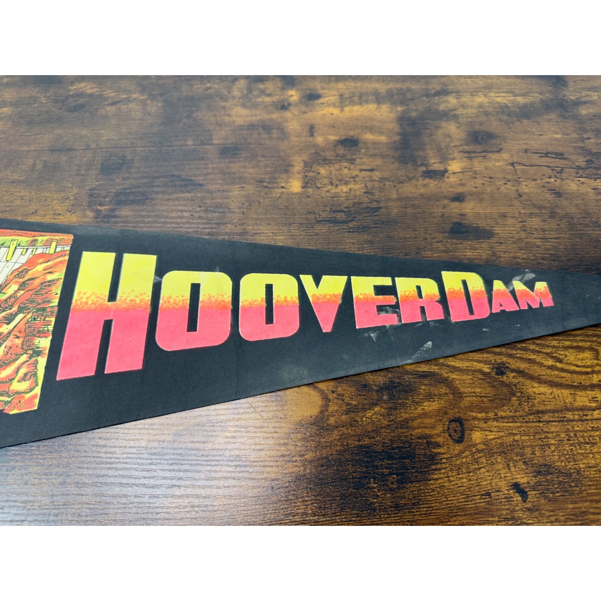 Vintage Hoover Dam Souvenir Felt Pennant With Colorful Graphic Design damaged