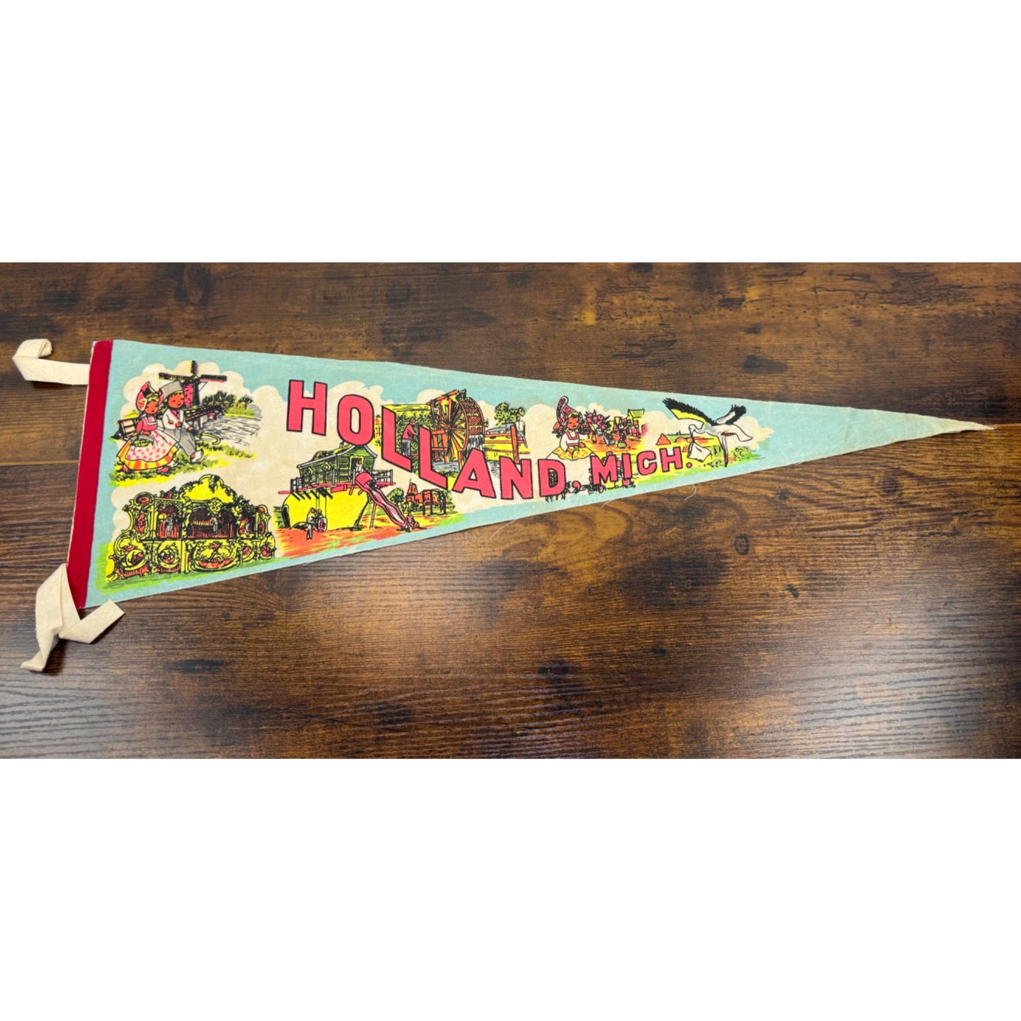 Vintage Holland Michigan Souvenir Felt Pennant With Colorful Dutch-Themed