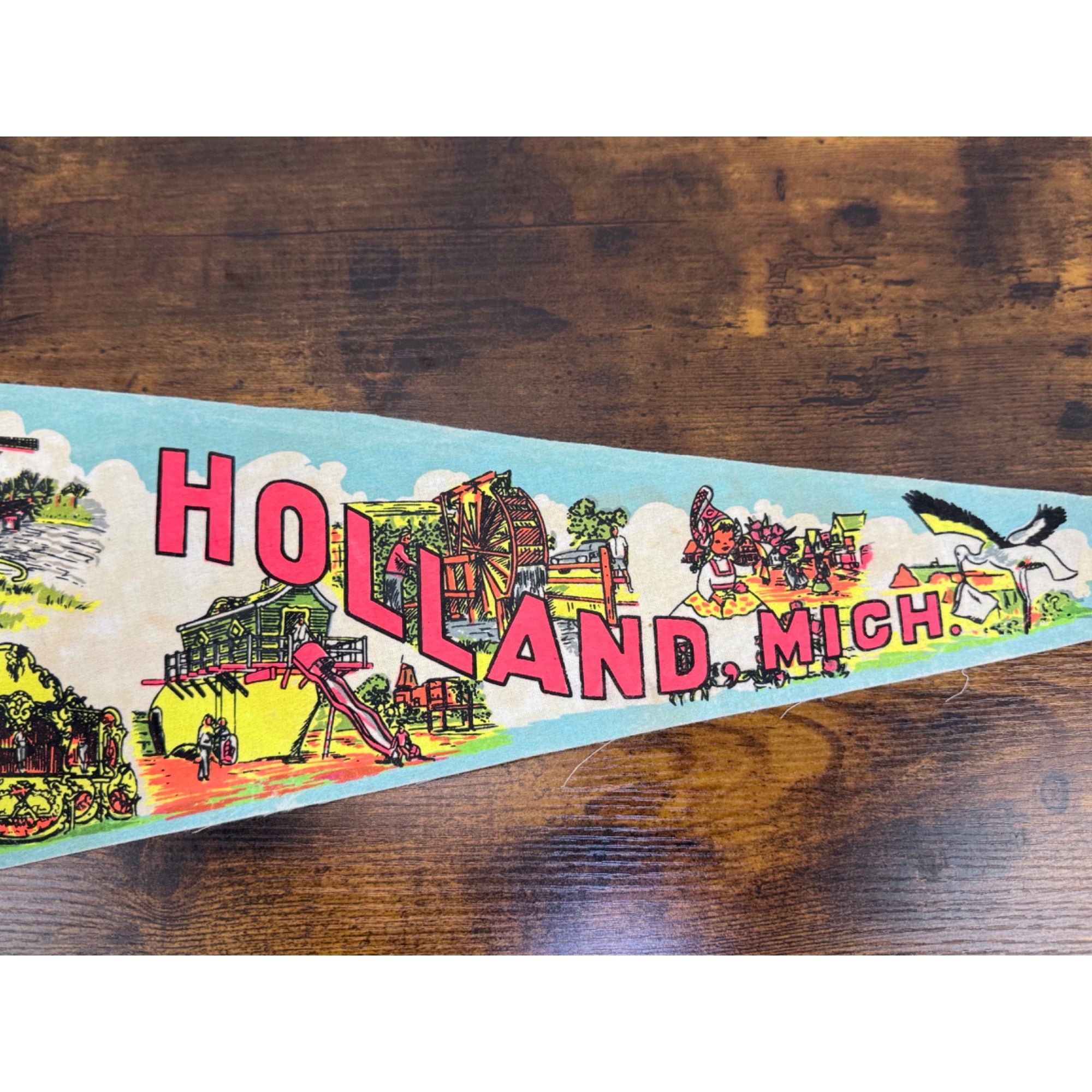 Vintage Holland Michigan Souvenir Felt Pennant With Colorful Dutch-Themed