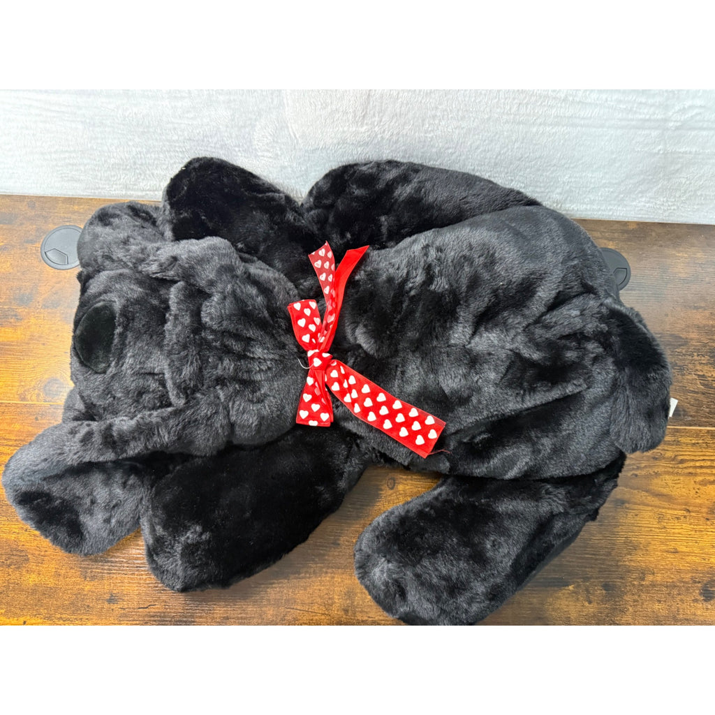 Vintage Black Plush Stuffed Dog With Red Heart Bow Tie - Soft Cuddly 28 Inches